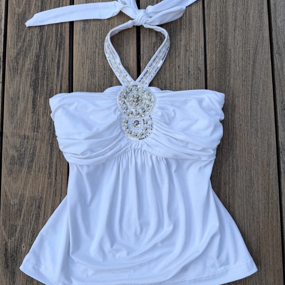 White House Black Market White Beaded Halter Top